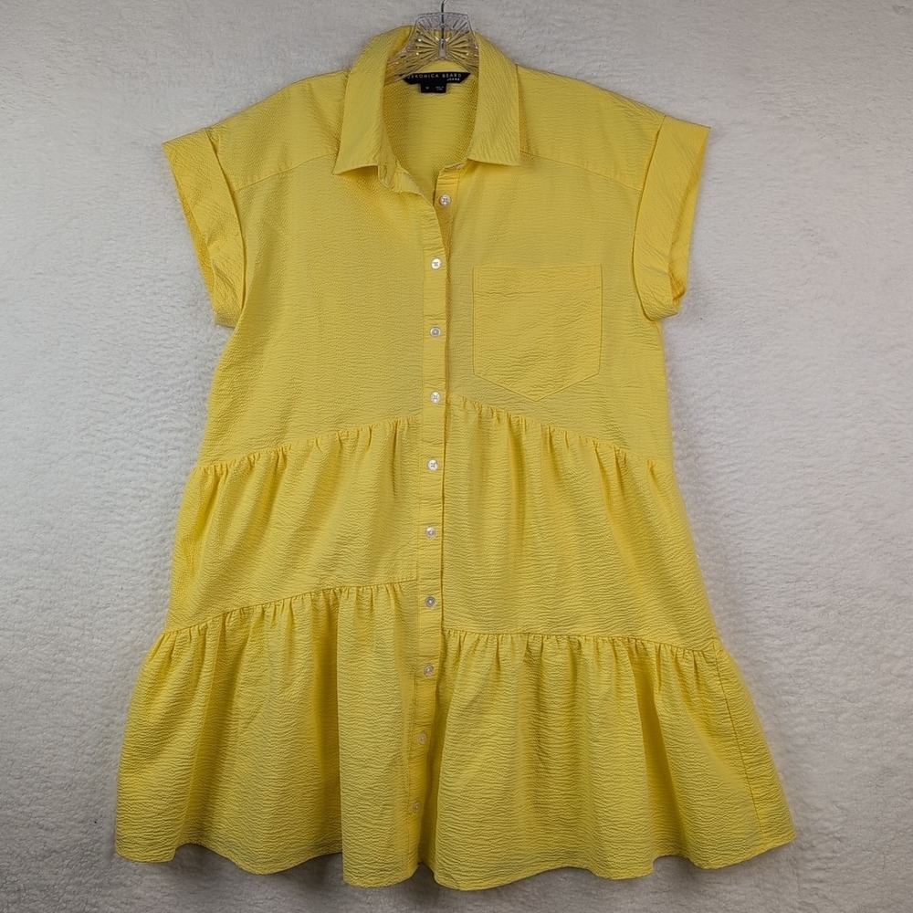 Veronica‎ Beard Harrow Mini Dress Women's Medium Yellow Tiered Seersucker Button
